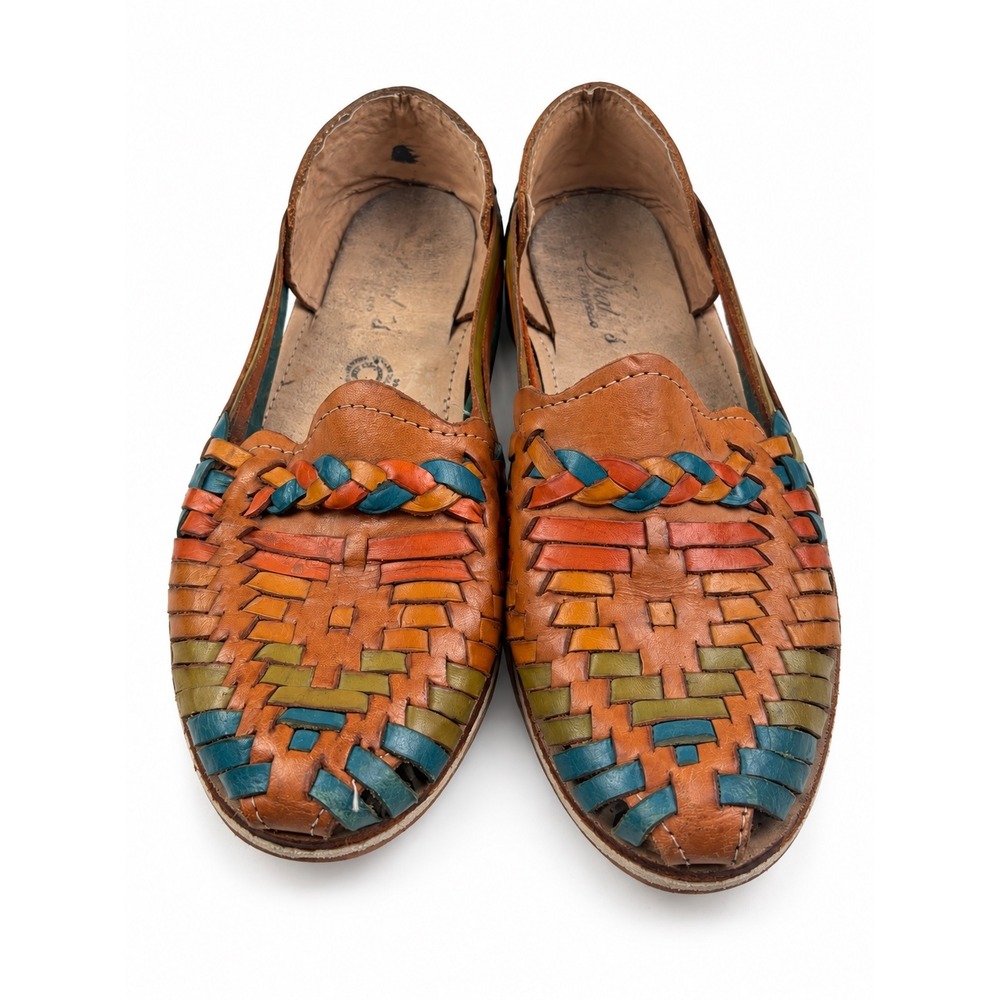 Vintage Mexican Huarache Multi Color Woven Leather Boho Flats Women's Size 7